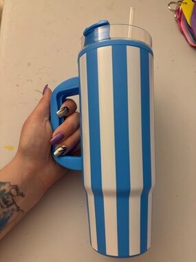 Blue and White Striped Travel Tumbler with Handle